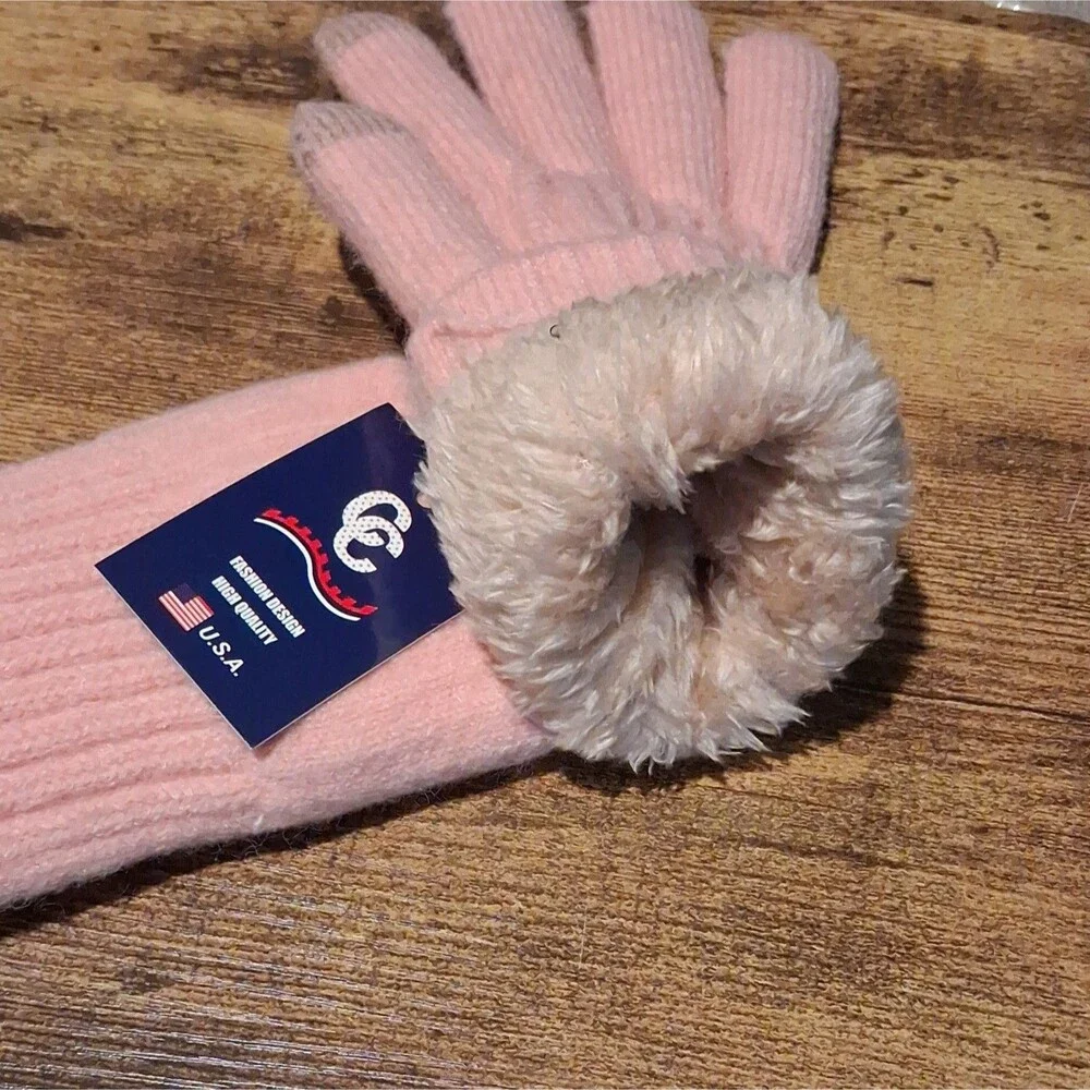 Women's Pink Knit Wrist Gloves with Faux Fur Trim Cuff, One Size